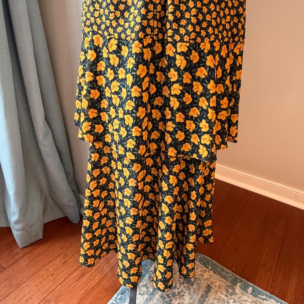 Sam Edelman Tiered Midi Dress Women 8 Black Yellow Floral Ruffle High-Low - Picture 7 of 16